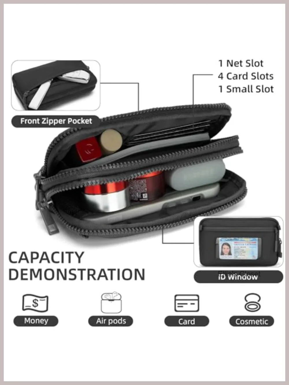 Nylon RFID Wristlet Crossbody Bag 4 Zippers Adjustable Strap